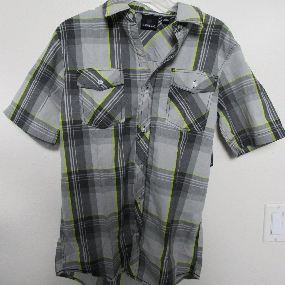 Burnside Mens Shirt Button Up Small Gray Plaid Short Sleeve